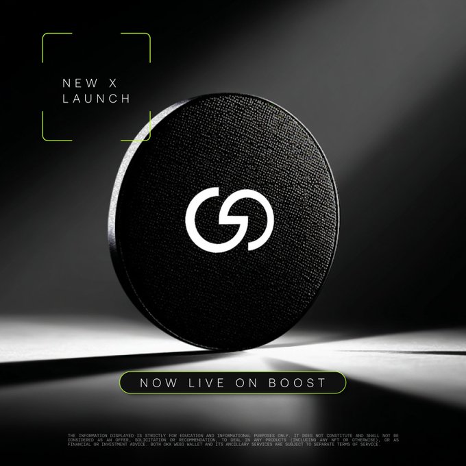 A sleek promotional graphic announcing "NEW X LAUNCH" and "NOW LIVE ON BOOST," featuring a black circular device with a stylized "G" logo against a dramatic dark backdrop. The image ties to the post by highlighting the latest Web3 launch now accessible through the OKX Wallet.