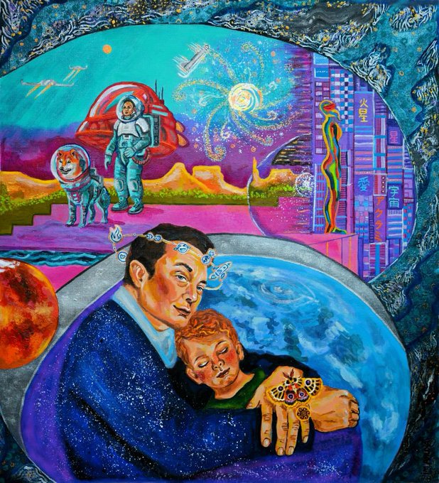A surreal painting depicting an astronaut with a Shiba Inu dog companion standing before a cityscape, with a tender portrait below of a man holding a sleeping child against a cosmic backdrop with Earth and Mars.