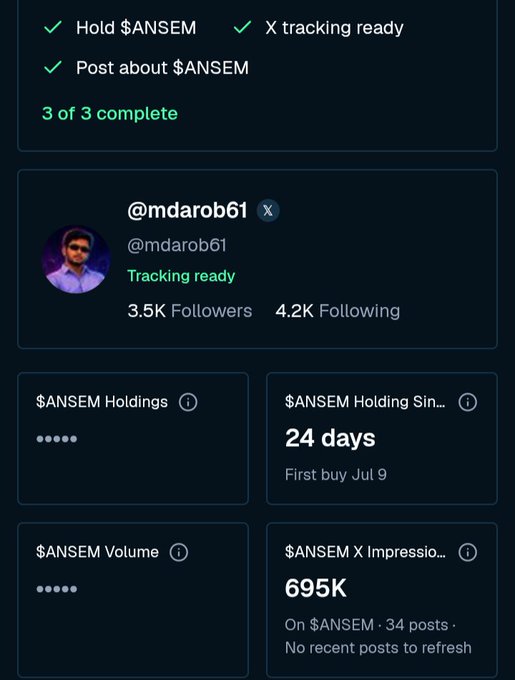 A dashboard screenshot showing completed tracking tasks for '$ANSEM', including a profile for @mdarob61 with 3.5K followers, 24-day holding period, and 695K X impressions.