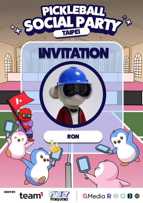 An 'INVITATION' graphic for a 'PICKLEBALL SOCIAL PARTY TAIPEI' featuring a 3D monkey character named 'RON' wearing a helmet and goggles, with cartoon penguins holding paddles.