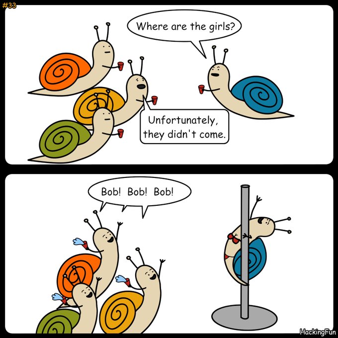 A two-panel comic from HackingFun (#33) titled 'HackingFun' where snails with colorful shells ask 'Where are the girls?' and learn 'they didn't come here,' leading them to chant 'Bob! Bob! Bob!' at a snail pole-dancing.