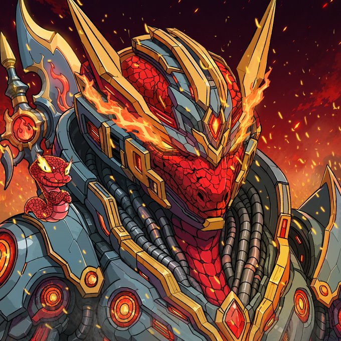 A vibrant digital illustration depicts a red-scaled dragon or lizard-like creature wearing ornate grey and gold mechanical armor, with a small red snake perched on its shoulder against a fiery background.
