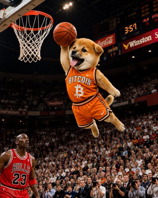 A Shiba Inu dog wearing an orange "BITCOIN" jersey with the Bitcoin ₿ logo leaps for a slam dunk during a basketball game, soaring past a Chicago Bulls #23 player in a packed arena with a scoreboard reading 3:51. The image humorously illustrates the "Air $DOG" caption, depicting the popular Dogecoin mascot performing a high-flying dunk as if part of a major NBA showdown.