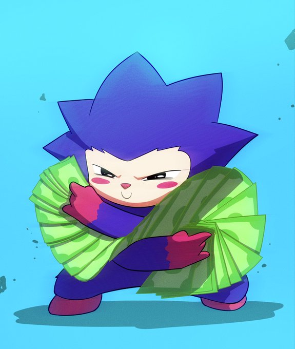 A chibi-style cartoon character with purple spiky hair clutches massive stacks of green cash bundles with a smug, greedy expression, humorously symbolizing the excitement of receiving the largest Monad airdrop since mainnet launch.
