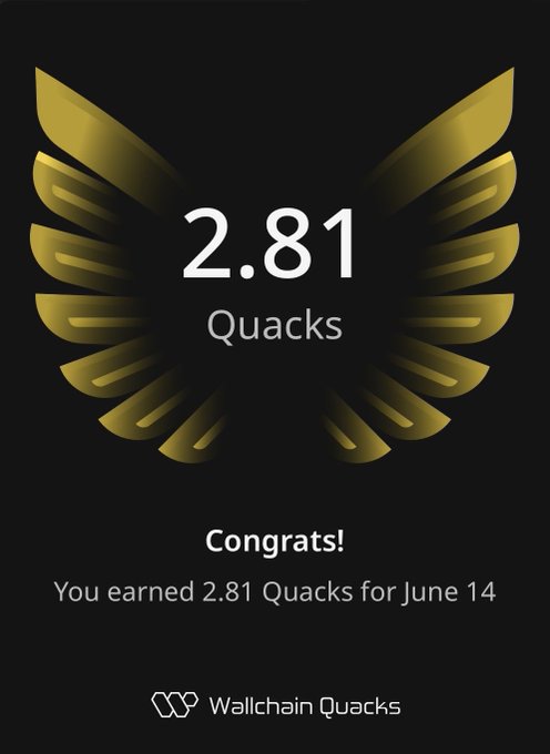 The image features a poster with an illustration of a bird's wing design, which has the number "2.81" written below it. The poster also contains text that congratulates the user for earning 2.81 Quacks within one day. The main focus is on the achievement and the process leading up to it.