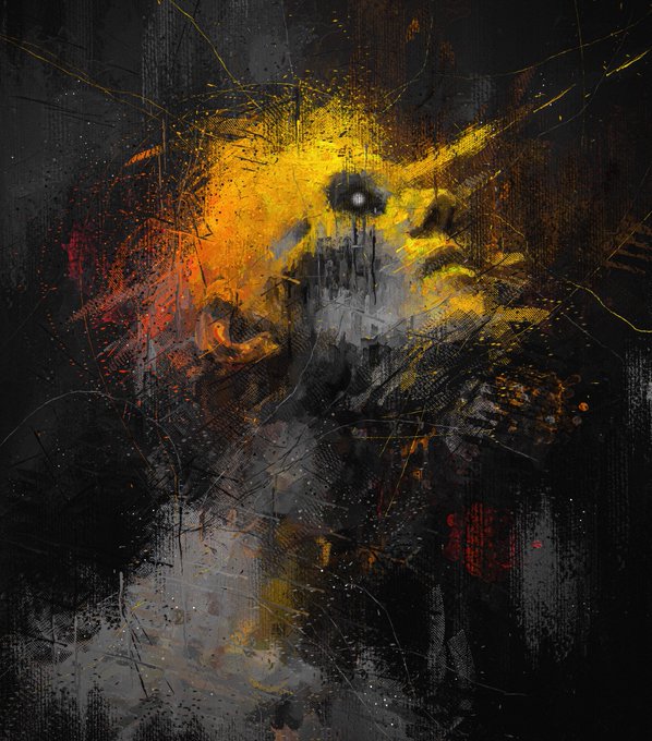 A dark, abstract expressionist painting features chaotic splatters of yellow, red, black, and white paint with a prominent dark hollow near the center.