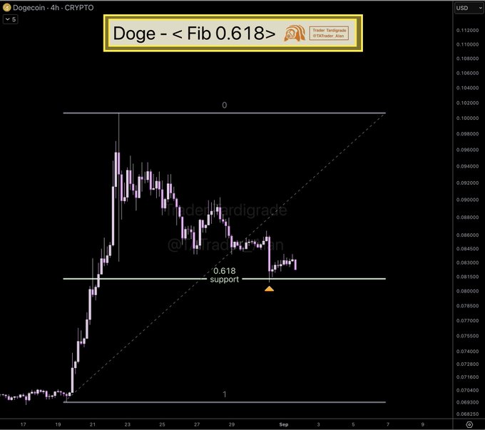 A Dogecoin (DOGE/USD) 4-hour candlestick chart showing a Fibonacci retracement analysis with price action bouncing off the 0.618 support level near $0.0813, with horizontal reference lines at 0 ($0.10494 high) and 1 ($0.06830 low), an upward dashed trendline, and an orange arrow marking the current support test.