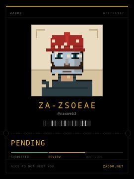 A pixel-art avatar wearing a red mushroom cap appears on a ZADDR whitelist ticket (ZA-ZSOEAE) with a pending review status, referencing the applied ticket to the zaddr.net waitlist for 2,800 shielded Zcash faces.