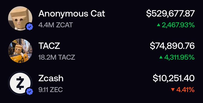 A cryptocurrency price list showing Anonymous Cat (ZCAT) at $529,677.87 up 2,467.93%, TACZ at $74,890.76 up 4,311.95%, and Zcash (ZEC) at $10,251.40 down 4.41%.
