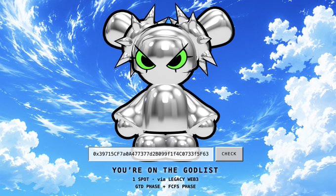 A cartoon-style silver robot character with spiky hair and green eyes stands against a blue sky background, with an input field containing the contract address '0x39715CF7a0A477377d2B899f1f4C0733f5F63' and a 'CHECK' button below, alongside text reading 'YOU'RE ON THE GODLIST', '1 SPOT via LEGACY WEB3', and 'GTD PHASE + FCFS PHASE'.