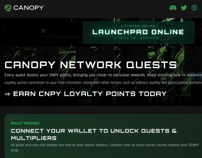 A screenshot of the Canopy Network website promoting 'Launchpad Online' and 'Canopy Network Quests' for earning CNPY loyalty points, with text reading 'Connect Your Wallet To Unlock Quests & Multipliers'.