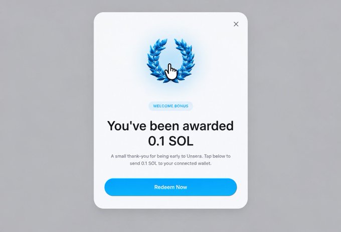 The image shows a white square sign that says "You've been awarded 0.1 Sol" with a blue laurel wreath design at the top of the sign. The background of the sign is gray, making the text stand out. Below the sign, there's a button that reads "Redeem Now". This suggests that the image might be related to an advertisement or promotional material for a rewards program or service.