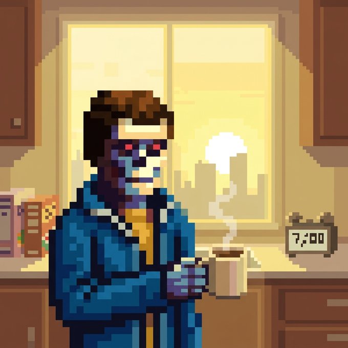 A pixel art illustration of a character with dark hair and red eyes wearing a blue jacket, holding a steaming mug in a kitchen setting with a window showing a yellow sky and a clock reading 7:00.