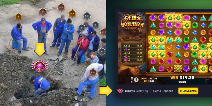 A split-screen shows manual laborers digging in dirt on the left, juxtaposed with a 'Gems Bonanza' slot machine game screen displaying a $19.30 win on the right.