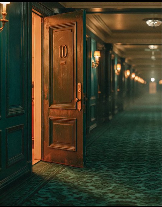 A moody corridor with teal-paneled walls and patterned green carpet, lit by warm sconces, with a weathered wooden door marked '10' standing open to reveal a dim interior.
