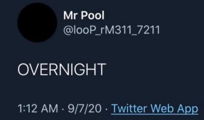 A screenshot of a tweet from "Mr Pool" (@looP_rM311_7211) reading simply "OVERNIGHT" posted at 1:12 AM on 9/7/20 via Twitter Web App, appearing as a cryptic tease referencing the accompanying post about KU's founding date and the #XRP countdown.