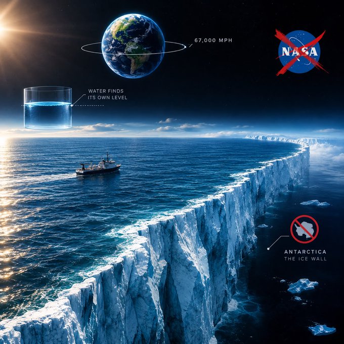 A flat earth conspiracy graphic shows an ocean bordered by a massive ice wall labeled 'ANTARCTICA THE ICE WALL', featuring icons of Earth spinning at '67,000 MPH' and a crossed-out NASA logo.