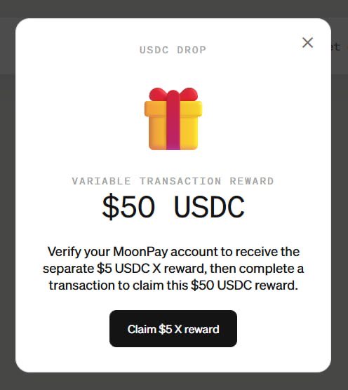 A "USDC Drop" pop-up from MoonPay offers a $50 USDC variable transaction reward, with a "Claim $5 X reward" button requiring account verification and a completed transaction. The caption aligns with the user's frustration about being unable to claim the reward because MoonPay is not available in their country, sparing them from missing out entirely.