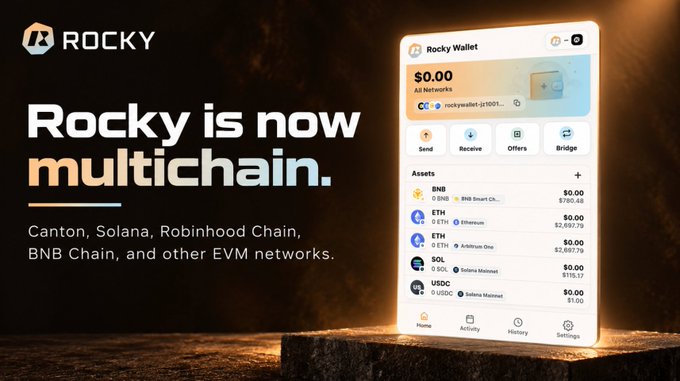 Promotional graphic for 'ROCKY' wallet announcing multichain support, listing networks like Canton, Solana, Robinhood Chain, BNB Chain, and other EVM networks, with a phone screen showing the Rocky Wallet interface displaying assets like BNB, ETH, SOL, and USDC.