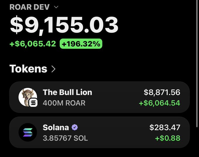 The image displays a crypto wallet portfolio labeled "ROAR DEV" showing a total balance of $9,155.03, with a +196.32% gain, primarily held in "The Bull Lion" (400M ROAR tokens worth $8,871.56) and Solana (3.85767 SOL worth $283.47). The post "DROP YOUR SOLANA ADDRESS FOR $ROAR" appears to be a promotional giveaway for the $ROAR token, with the portfolio screenshot serving as proof of its strong performance to attract recipients.