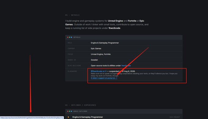 A screenshot of a website's "Details" section showing an individual working with Unreal Engine and Fortnite at Epic Games, with a red arrow highlighting a mention of "@two3code on X - suspended until Aug 9, 2026" and an "Open-source tools & utilities" entry under their "Also Building" field, directly referencing the two3code Solana token CA (5x9H2HXYUgtWaVCHU3WJ4V96kubx1SmEw9nCDngNpump) mentioned in the post.