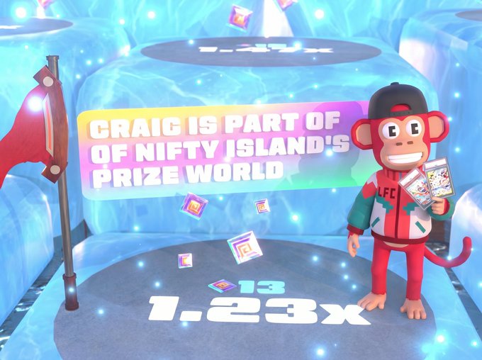 A cartoon monkey character wearing a red and green hoodie and black cap holds a card while standing in a glowing blue virtual room. Bold text reads "CRAIG IS PART OF NIFTY ISLAND'S PRIZE WORLD" with "1.23x" and "13" displayed below, promoting the Prize World game activation on Nifty Island.