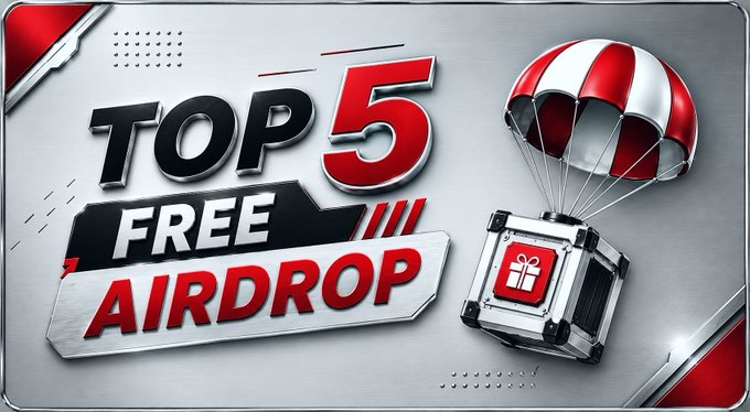 A promotional graphic with the bold text "TOP 5 FREE AIRDROP" alongside a 3D illustration of a red and white parachute carrying a gift box, perfectly matching the post's theme of highlighting five free cryptocurrency airdrop opportunities to farm.