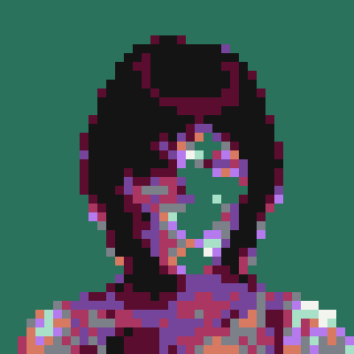 A heavily pixelated portrait of a figure with dark hair wearing colorful clothing against a green background.