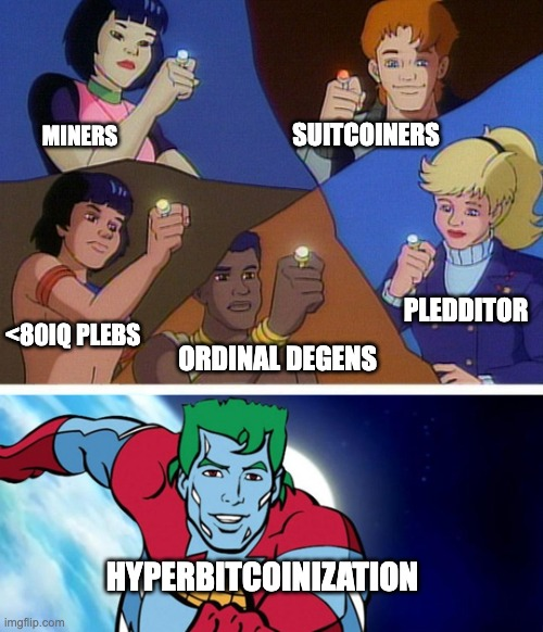 A meme using a cartoon image of characters holding up lit lightbulbs, labeled with crypto community terms ("MINERS", "SUITCOINERS", "ORDINAL DEGENS", "PLEDDITOR", "BOIQ PLEBS"), while a superhero character below is labeled "HYPERBITCOINIZATION".
