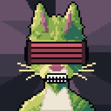 A green pixelated cat with red laser-beam visor eyes and bared sharp teeth, shown in a stark, surreal pixel art style against a dark purple background. The image relates to the post by highlighting the Mutant-themed NFT character's wild, aggressive look as a fun "twinning" match with the user's own cat.