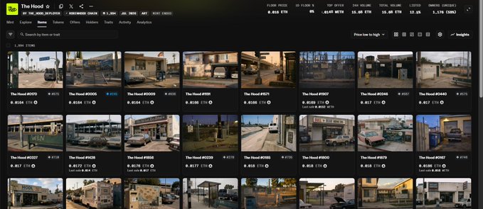 A screenshot of "The Hood" NFT collection marketplace page on the_RARE_MUSICIAN's account, showing multiple pixelated, retro-style 3D houses listed for 0.016 ETH each, with a portfolio value of 8,818 ETH and item count of 16.