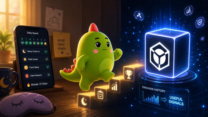 Whimsical illustration of a green dinosaur mascot on a desk next to a smartphone showing a 'Daily Quest' checklist with a 21-day streak, alongside a glowing holographic cube labeled 'USEFUL SIGNALS' and 'ONCHAIN HISTORY'.
