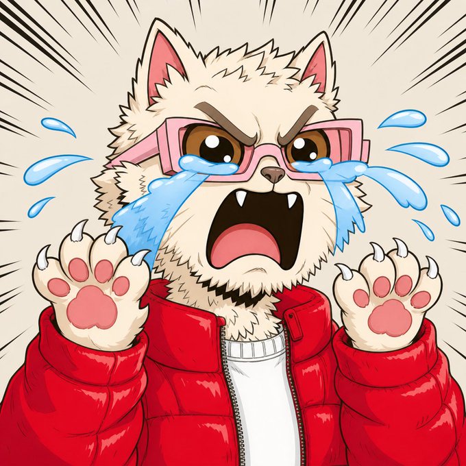 Anime/manga-style illustration of an angry cat character wearing pink glasses and a red puffer jacket, crying with paws raised dramatically.