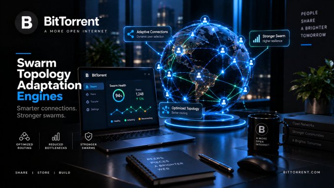 A promotional graphic for BitTorrent displays 'Swarm Topology Adaptation Engines' with the tagline 'Smarter connections. Stronger swarms,' alongside a globe illustration showing peer-to-peer network connections.