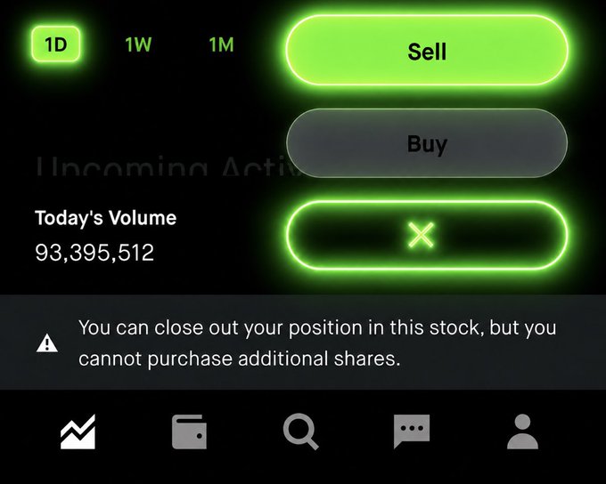 A stock trading app screen displays "Sell" and "Buy" buttons, with the "Buy" button crossed out by an "X" alongside a warning message stating, "You can close out your position in this stock, but you cannot purchase additional shares," illustrating the moment when brokers restricted buying of GameStop shares.