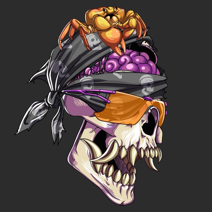 Stylized illustration of a pirate skull wearing a black bandana with skull patterns, orange-tinted sunglasses, and a crab emerging from its brain cavity on a dark gray background.