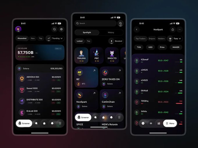 Three smartphone mockups displaying a cryptocurrency/finance app interface with tokens like BTC, Solana, and NeoSpark.