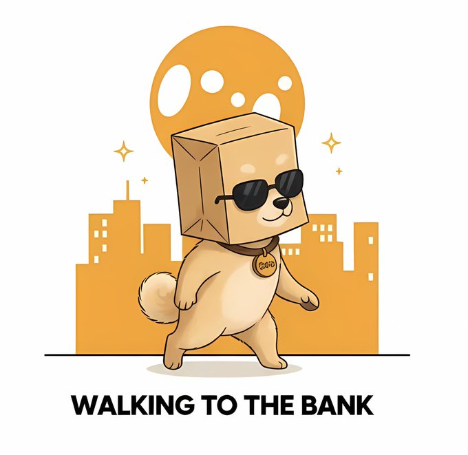 A cartoon illustration shows a dog wearing sunglasses with a paper bag over its head walking confidently against an orange city skyline, with text reading 'WALKING TO THE BANK.'