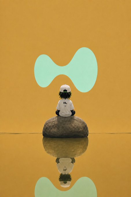An anime-styled character wearing a white 'HL' shirt and cap sits on a rock, gazing at a mint-green butterfly shape against a yellow backdrop, with a reflective surface below creating a mirror image.