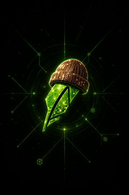 Digital artwork of a green glowing leaf wearing a brown beanie against a black background with green geometric accents.