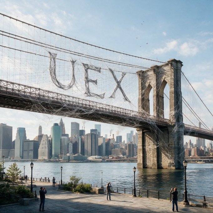 The Brooklyn Bridge is draped in giant cobwebs spelling "UE X," with onlookers photographing the eerie Halloween-themed display over the East River. This atmospheric art installation perfectly matches the "friendly neighborhood" post by playing on the iconic Spider-Man line about "your friendly neighborhood Spider-Man."