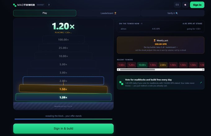 A screenshot of the Mad Tower gambling/betting website interface showing multipliers from 1.20× to 100.00× with a 1.20× placing stage, recent tower results, and a weekly pot of 300.00 XPR.