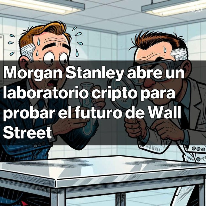 A cartoon-style illustration of two sweating men in suits examining a Bitcoin and a coin with the "₿" symbol, captioned in Spanish: "Morgan Stanley abre un laboratorio cripto para probar el futuro de Wall Street".