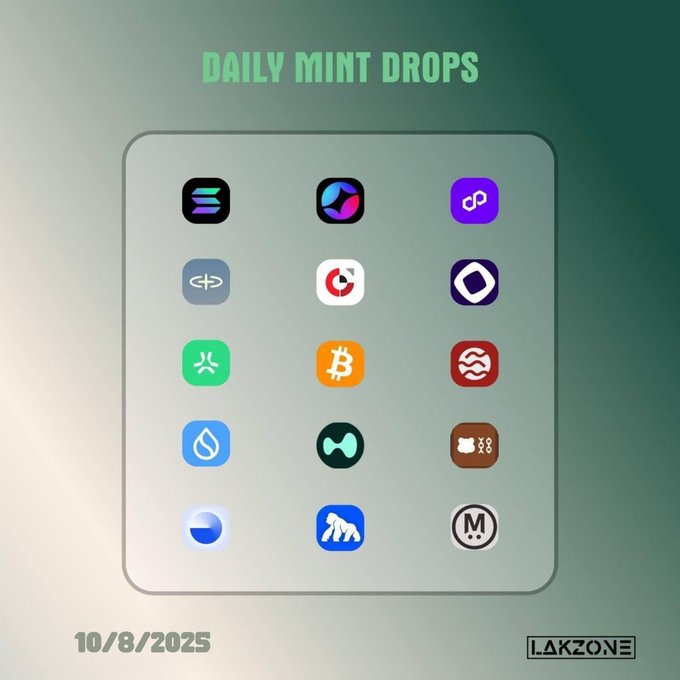 A graphic titled 'DAILY MINT DROPS' dated 10/8/2025 by 'LAKZONE' featuring a 5x3 grid of 15 colorful cryptocurrency and Web3 app icons including Bitcoin, Sui, and other blockchain logos.