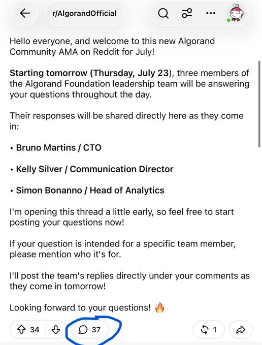 A Reddit screenshot from r/AlgorandOfficial announcing a community AMA with team members Bruno Martins (CTO), Kelly Silver (Communication Director), and Simon Bonanno (Head of Analytics), with the comment count of 37 circled in blue.