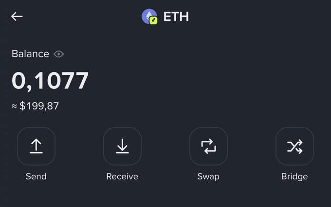 The image displays a cryptocurrency wallet interface showing an ETH (Ethereum) balance of 0.1077, valued at approximately $199.87, with options to Send, Receive, Swap, and Bridge. This aligns with the post's claim of a "$200 profit" on "Chain" (likely Robinhood Chain), visually confirming the user has accumulated roughly $200 worth of ETH from their daily earnings strategy.