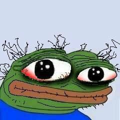 A digital illustration of a green Pepe-style frog meme character with large bloodshot, tearful eyes and a somber expression.