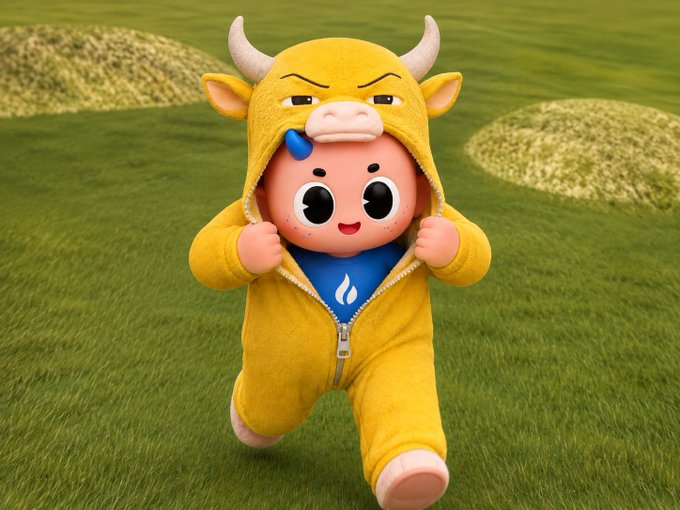 A 3D rendering of a cute cartoon character wearing a yellow bull costume with horns, walking on a green grassy field.