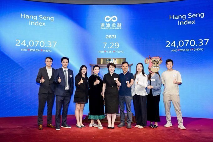 A group of nine people posing with thumbs up in front of a digital display showing the Hang Seng Index at 24,070.37 HKD with a gain of 200.83 (0.83%), alongside a Panda Finance display showing 2631 with a gain of 7.29 (7.03%).