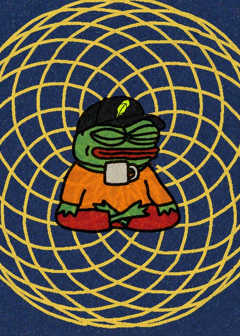 A relaxed Pepe the Frog wearing a black cap holds a mug at the center of a geometric golden toroidal grid, symbolizing focus and "locking in" on $HOME.